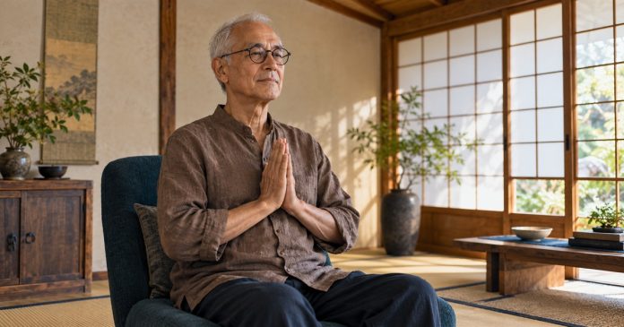Japanese Reiki Techniques: Gassho and Joshin Kokyu Ho, Step by Step — cover An older man practices Gassho seated upright with palms together.