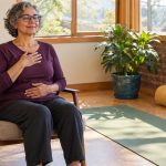 Reiki and Yoga Together: A 25-Minute Routine, What Each Adds, and Honest Limits A woman practices a seated rest variation beside a yoga mat.