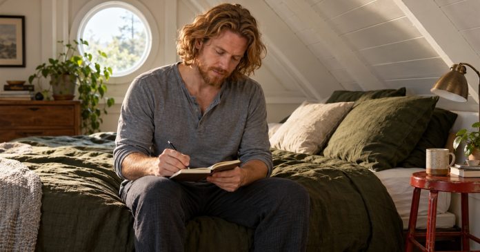 Dreams Around Reiki: A Simple Journal Method Without Assuming a Cause — editorial cover A man writes a morning dream note while sitting on the edge of his bed.