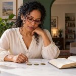 I Ching: History, Hexagrams and Reflection With Clear Boundaries A woman studies an open book beside three brass coins at a breakfast table.