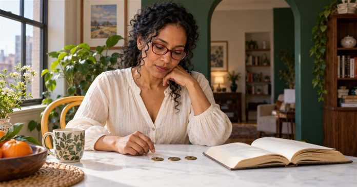 I Ching: History, Hexagrams and Reflection With Clear Boundaries — editorial cover A woman studies an open book beside three brass coins at a breakfast table.
