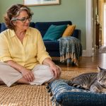 Reiki for Pets: A Welfare-First Guide to Calm Time With Your Animal A woman sits quietly near a relaxed tabby cat with room to move away.