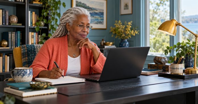 Facts About Reiki: 20 Common Statements, Checked and Sorted — cover An older woman compares notes while reading on a black laptop.