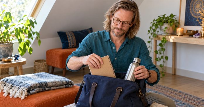 Preparing for a Reiki Attunement: What Helps, What to Skip, and What Never to Do — cover A man packs a notebook and water bottle into a canvas bag.
