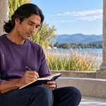Does Reiki Enhance Psychic Abilities? Experiences, Evidence and Boundaries A man writes in a notebook beside reeds at a waterside pavilion.