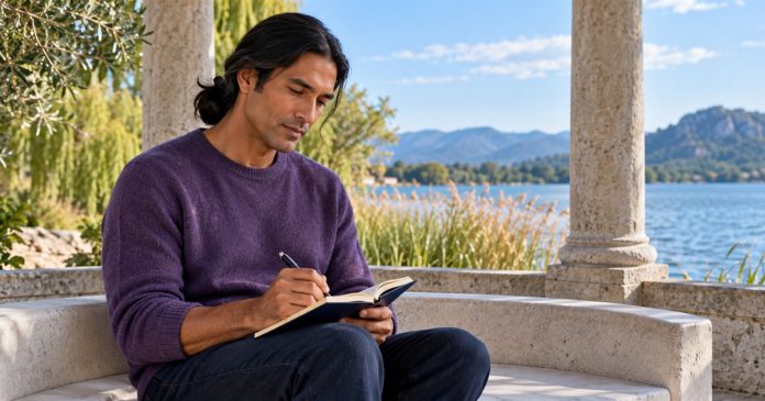 A man writes in a notebook beside reeds at a waterside pavilion.
