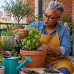 Reiki for Plants: A Grounded Gardening and Care Guide A gardener checks a potted basil plant on a sunny balcony.