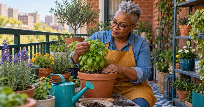 Reiki for Plants: A Grounded Gardening and Care Guide — cover A gardener checks a potted basil plant on a sunny balcony.