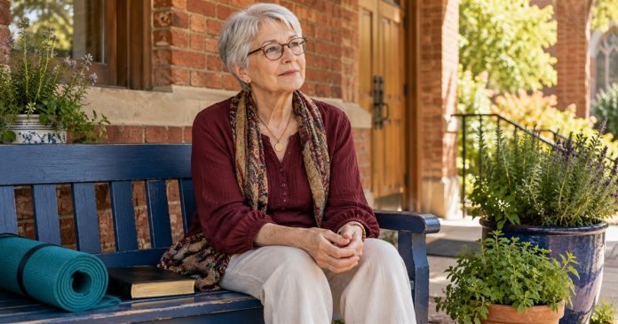 Reiki vs Faith Healing: How They Differ, Where They Overlap, and What Each Honestly Offers — cover An older woman sits quietly beside a closed book and rolled exercise mat.