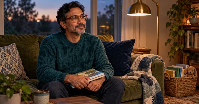 What Reiki Can Do for Your Family: Calm Together, Consent With Children, and What Needs a Doctor — cover A man sits with a picture book in a softly lit family living room.