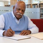 Reiki Psychic Surgery, For Real? A Short Answer and Where to Read More An older man writes questions in a notebook at a library study booth.