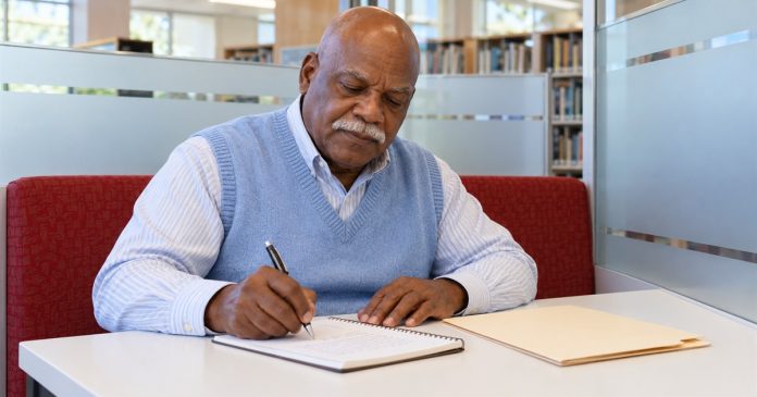 An older man writes questions in a notebook at a library study booth.