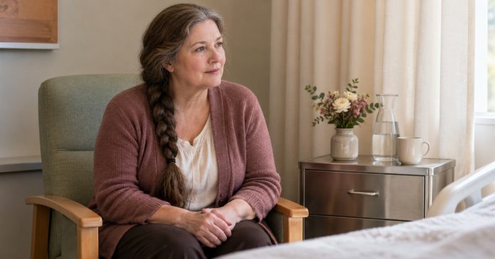 Reiki at a Bedside: Presence, Not "Psychic Communication", in Brief — editorial cover A woman sits quietly in a bedside visitor chair, with her hands in her lap.