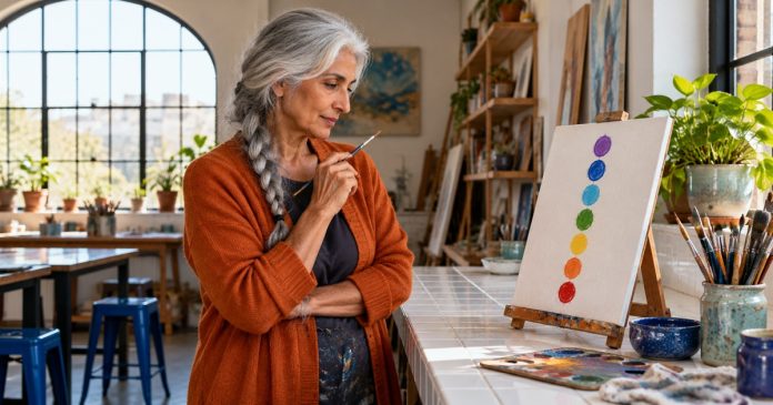 Chakras and "Frequency Vibrations": Why the Radio Comparison Fails, in Brief — editorial cover A woman considers a small symbolic painting of colored circles in an art room.