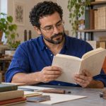 Hon Sha Ze Sho Nen: The Reiki Distance Symbol, What It Means and Where the Claims Stop A man studies a book with line drawings in a bookbinding workshop.