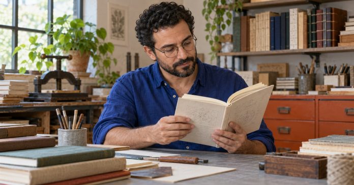 Hon Sha Ze Sho Nen: The Reiki Distance Symbol, What It Means and Where the Claims Stop — editorial cover A man studies a book with line drawings in a bookbinding workshop.