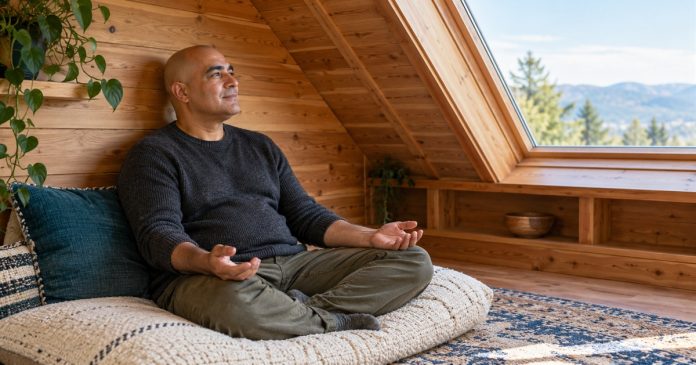The Power of Reiki: What It Really Is, in Brief — editorial image A man rests on a thick floor cushion in a cedar-paneled loft, with his hands relaxed on his thighs.