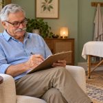 What Happens in a Reiki Session: Step by Step, From Booking to Aftercare An older man checks a clipboard beside an empty treatment table.