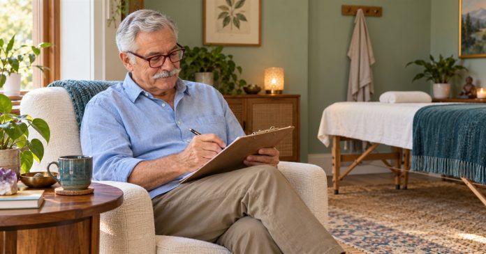 What Happens in a Reiki Session: Step by Step, From Booking to Aftercare — cover An older man checks a clipboard beside an empty treatment table.