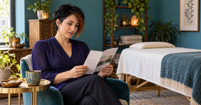 Reiki, What Is It? A Plain-English Explainer for Sceptics and First-Timers — cover A woman reads an information brochure beside an empty treatment table.