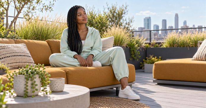 A young woman takes a quiet seated pause in a rooftop garden.