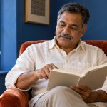 The Reality of Reiki: What Is Real, What Is Not Shown, in Brief A man reads a plain book in a blue-walled reading alcove.