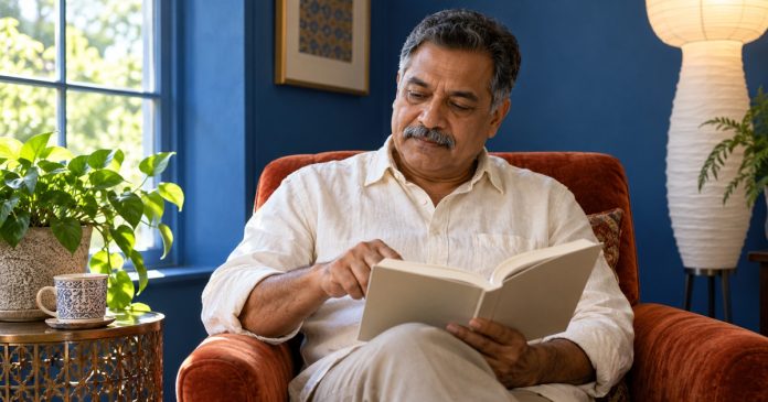 A man reads a plain book in a blue-walled reading alcove.
