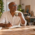 The Five Reiki Precepts: Usui’s “Secret Method of Inviting Happiness” as a Daily Practice A man pauses with a notebook and ceramic cup in a pottery studio.