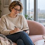 Reiki and Depression: Evidence, Comfort and Care Choices A woman writes notes in a notebook beside a rain-speckled window.