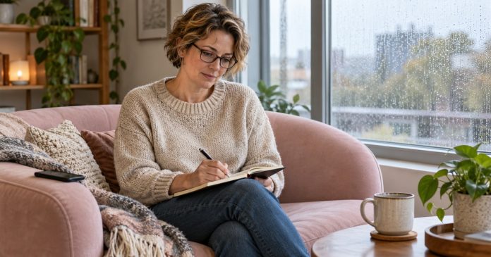 A woman writes notes in a notebook beside a rain-speckled window.