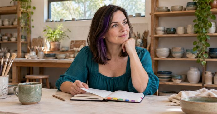 A woman reflects beside an open journal with colored tabs in a pottery studio.