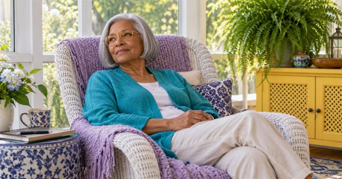 An older woman rests in a woven recliner on a bright porch.