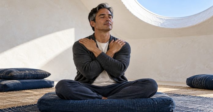A man rests his own hands on his shoulders during seated Reiki self-practice.