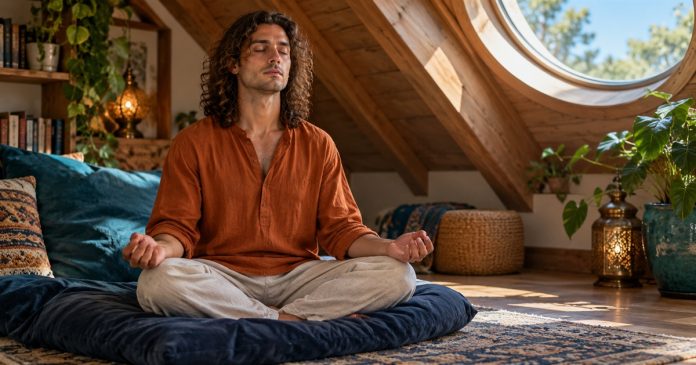 Psychic Cleansing: The Five-Minute Visualisation, Honestly, in Brief — cover A man sits quietly on a floor cushion beneath a round skylight.