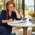 “Cosmic Marriage”: What a Lasting Partnership Actually Looks Like, in Brief A woman reviews a notebook at a conservatory bistro table beside two cups.