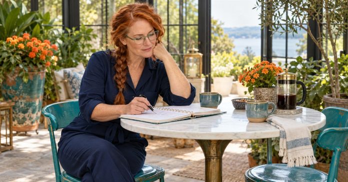 "Cosmic Marriage": What a Lasting Partnership Actually Looks Like, in Brief — cover A woman reviews a notebook at a conservatory bistro table beside two cups.