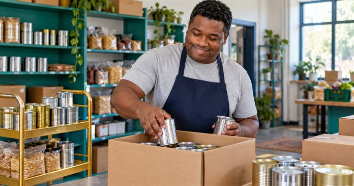 What Is a Lightworker? Six Reflection Prompts and Practical Ways to Help — cover A man sorts sealed food tins into a donation box at a community pantry.