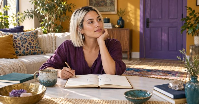 A woman reflects over an open journal at a low writing desk.