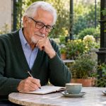When Your Best Friend Feels Like Your Soulmate: What to Do, in Brief An older man writes in a notebook at a quiet garden cafe table.