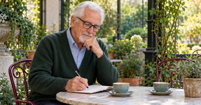 When Your Best Friend Feels Like Your Soulmate: What to Do, in Brief — cover An older man writes in a notebook at a quiet garden cafe table.