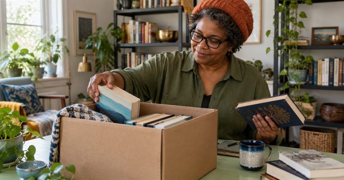 A woman sorts books into a donation box in a bright room.