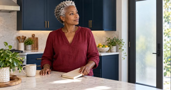 Empaths and Emotional Vampires: Relationship Patterns Explained — editorial cover A woman closes a notebook after a moment of reflection at a kitchen counter.
