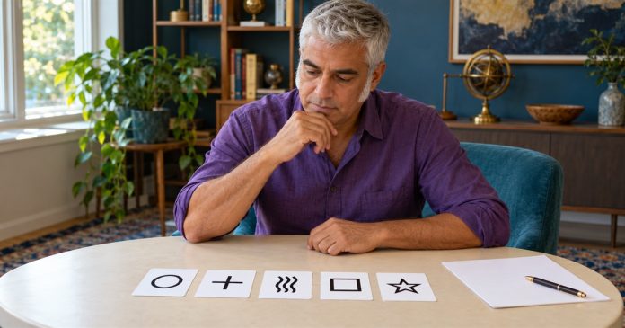 Testing Psychic Ability With Zener Cards: How the Test Works, What Chance Looks Like, and How to Run It Honestly — cover A man examines five symbol cards beside a blank scoring sheet.