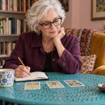 Why Psychics Call Themselves “Intuitives”: The Rebrand, Honestly, in Brief An older woman considers three tarot cards beside an open notebook in a reading corner.