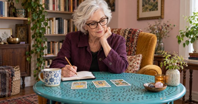 Why Psychics Call Themselves "Intuitives": The Rebrand, Honestly, in Brief — editorial cover An older woman considers three tarot cards beside an open notebook in a reading corner.