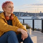 Being an Empath: 14 Common Challenges and Practical Options A woman with headphones around her neck takes a quiet seated break by the water.
