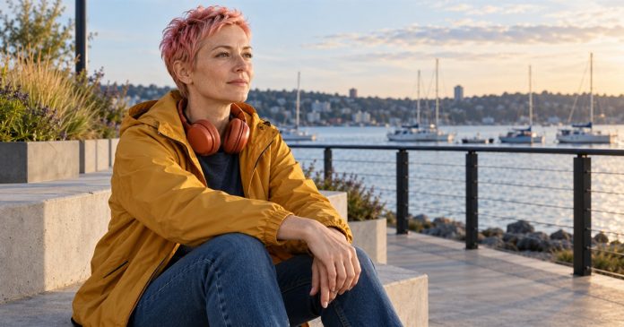 Being an Empath: 14 Common Challenges and Practical Options — cover A woman with headphones around her neck takes a quiet seated break by the water.