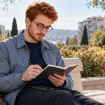 Spiritual Awakenings and Their Hard Side: What Is Real, What Is a Symptom, and How to Get Through It Well A young man reviews a notebook while seated on a park bench.