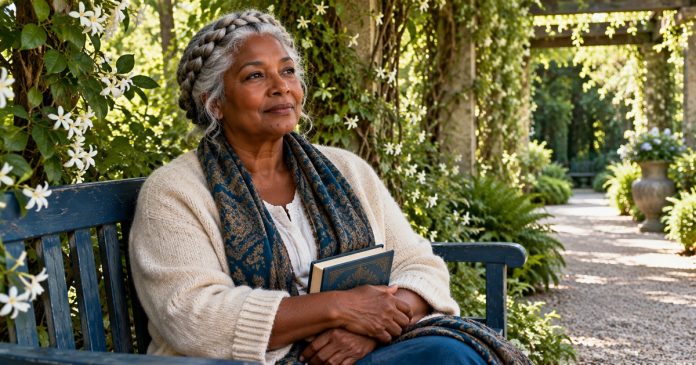 Spirit Guides: Spiritual Meanings, Reflective Practices and Clear Boundaries — cover A woman sits thoughtfully with a closed book under a garden pergola.