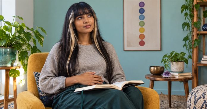 Signs Your Chakras Are Blocked: A Reflective Guide, Not a Diagnosis — cover A woman pauses with an open notebook during a seated reflection.